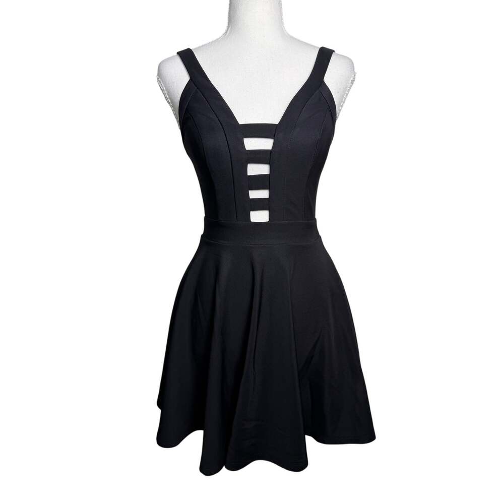 TRAC Black Mini Skater Dress Plunging V Neck Ladder Cutout Fit Flare Party